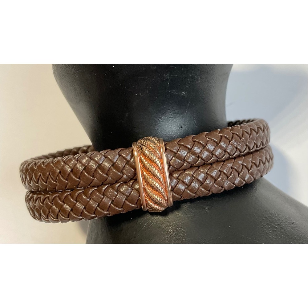 Judith Ripka Brown Braided Leather Rose Gold 925 Silver CZ Bracelet Average - Picture 3 of 5